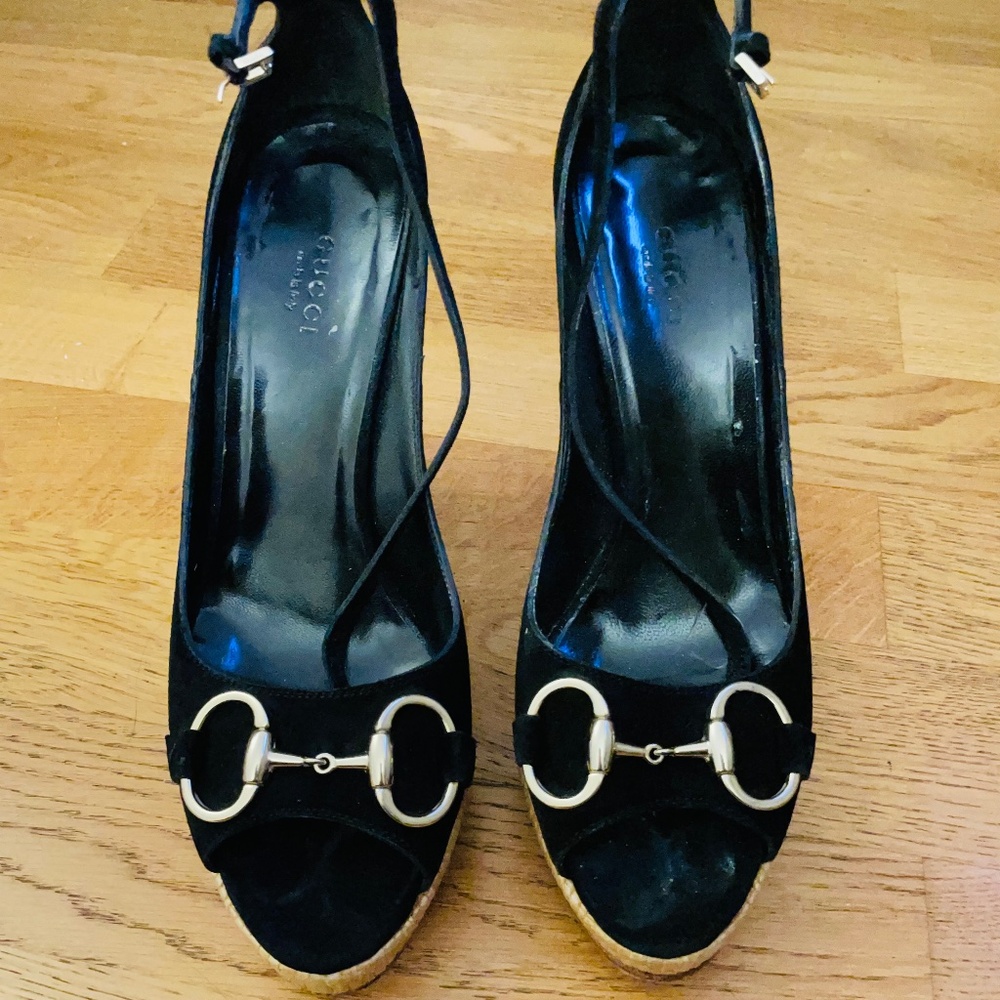 Gucci horsebit suede open toe wedges